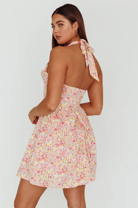 Hey Baby Halterneck Mini Dress Pink Floral