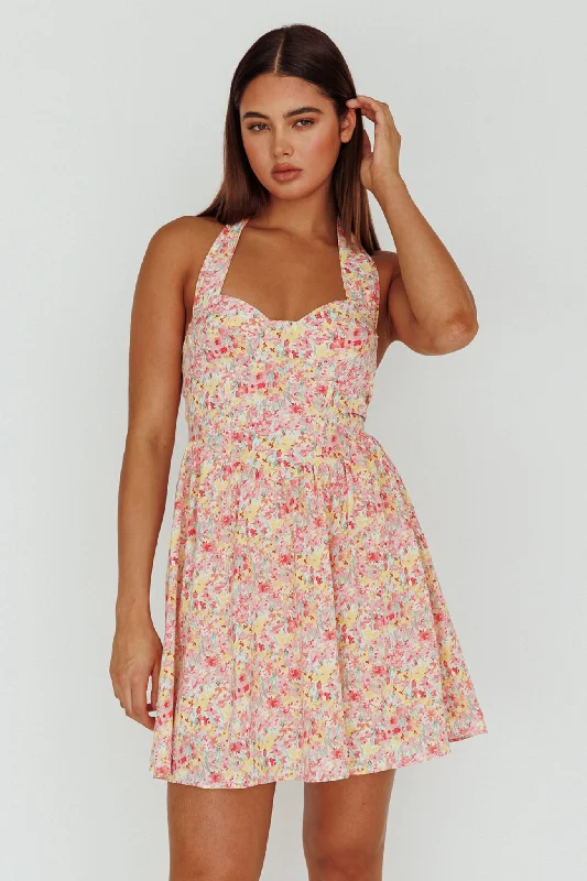 Hey Baby Halterneck Mini Dress Pink Floral