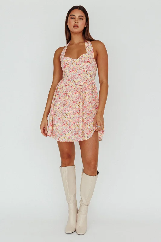 Hey Baby Halterneck Mini Dress Pink Floral