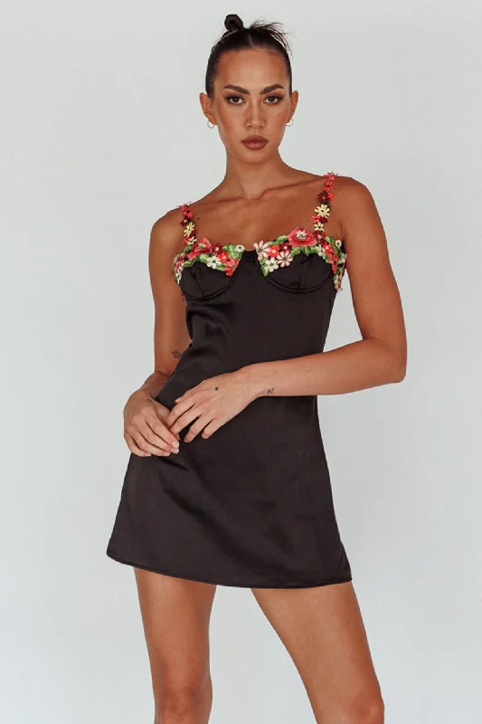 Izolda Floral Applique Mini Dress Black