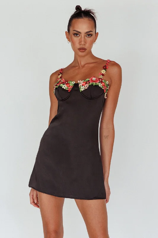 Izolda Floral Applique Mini Dress Black