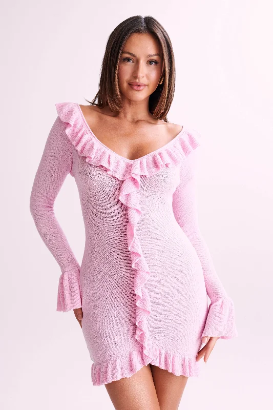 Karolina Knit Mini Dress With Frill - Blush Pink