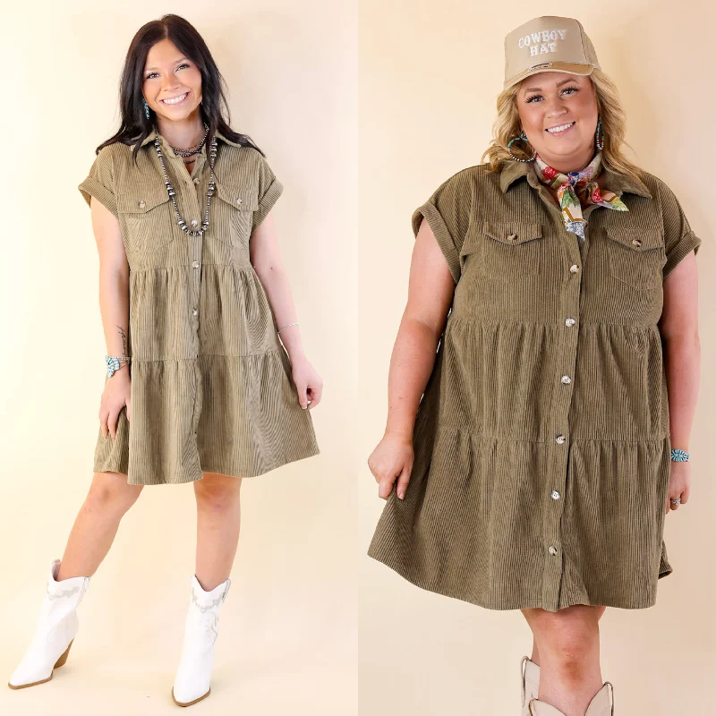 Latest Obsession Button Up Corduroy Dress in Olive Green