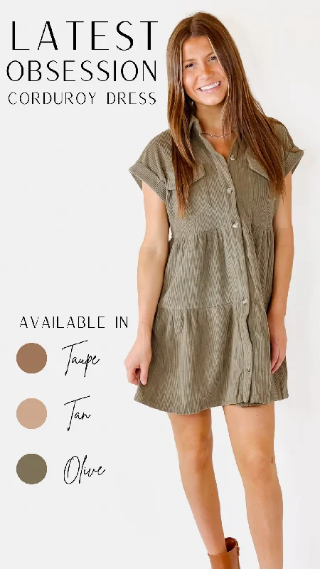 Latest Obsession Button Up Corduroy Dress in Olive Green