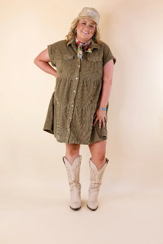 Latest Obsession Button Up Corduroy Dress in Olive Green