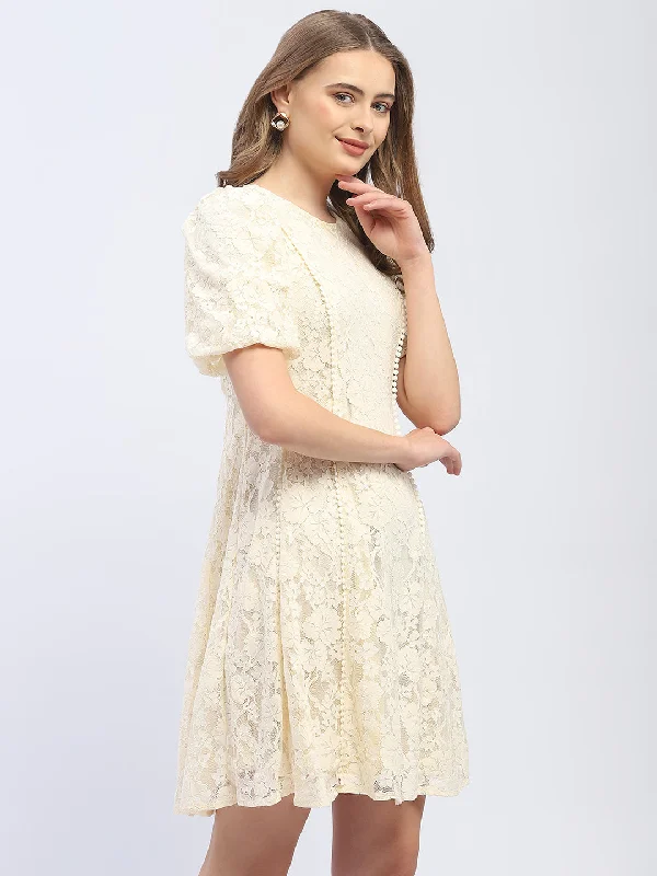 Madame Puff Sleeve Off-White Lace A-Line Dress