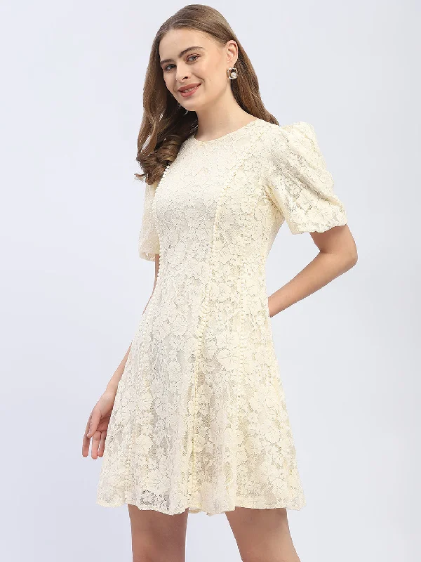 Madame Puff Sleeve Off-White Lace A-Line Dress