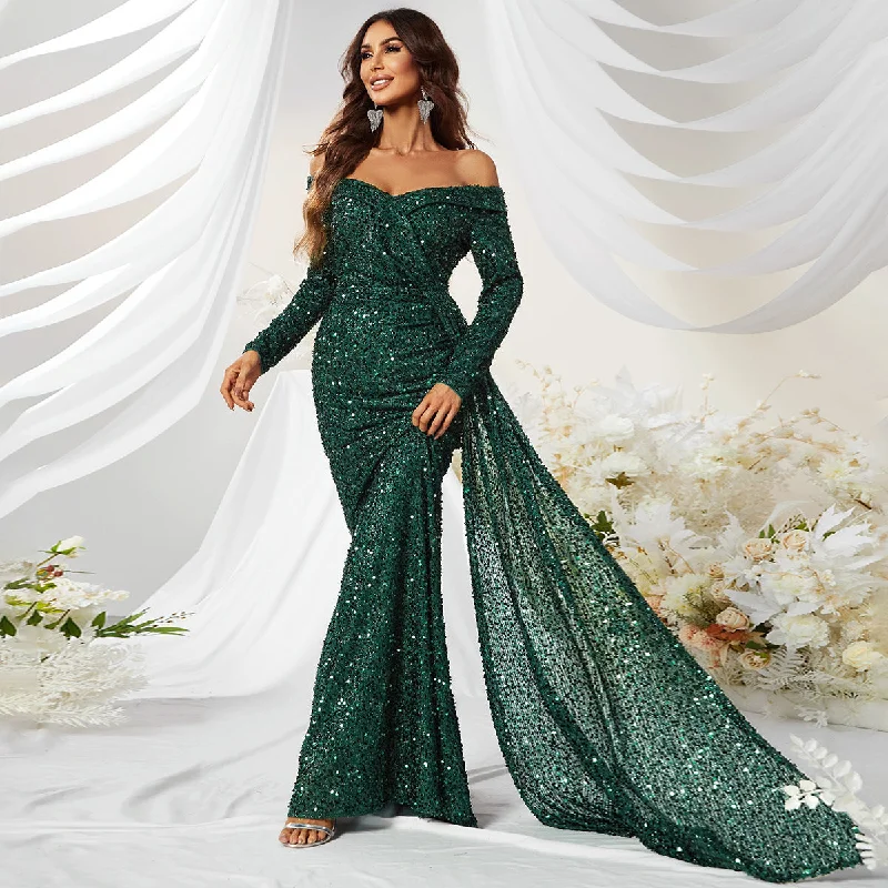 NiDELL Cross-Border Dinner Dress Premium Sequined off-Shoulder Long Sleeve Ball Gown Fishtail Dress-Mgw480