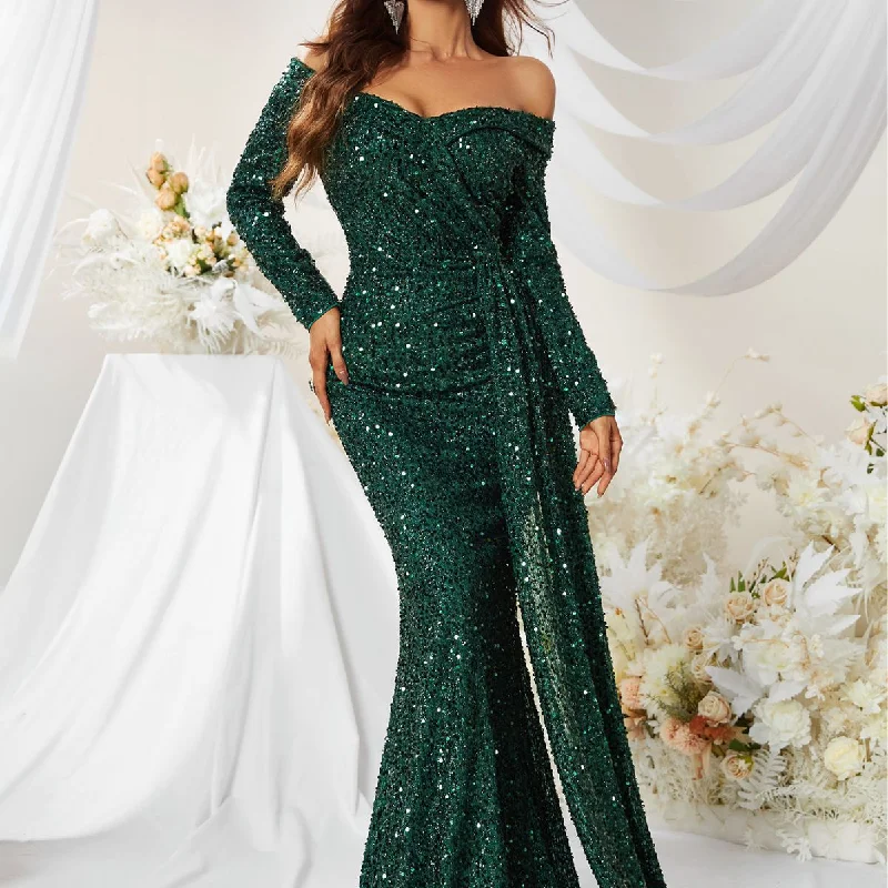 NiDELL Cross-Border Dinner Dress Premium Sequined off-Shoulder Long Sleeve Ball Gown Fishtail Dress-Mgw480