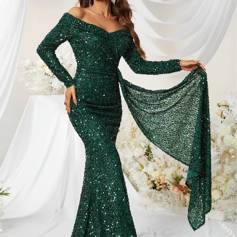 NiDELL Cross-Border Dinner Dress Premium Sequined off-Shoulder Long Sleeve Ball Gown Fishtail Dress-Mgw480