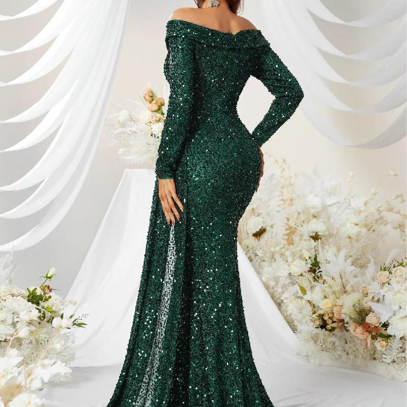 NiDELL Cross-Border Dinner Dress Premium Sequined off-Shoulder Long Sleeve Ball Gown Fishtail Dress-Mgw480