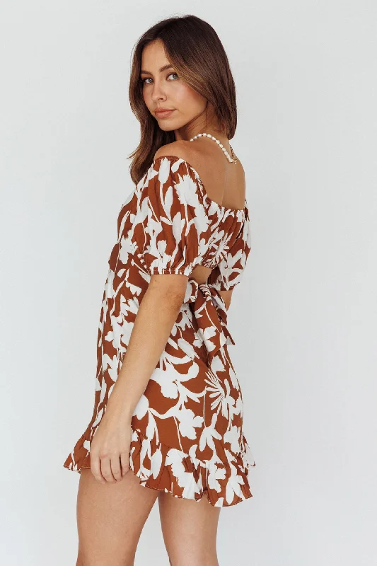 Palm Beach Puff Sleeve Dress Printed Tan