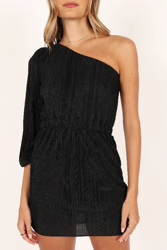 Pontee One Shoulder Pleated Mini Dress - Black