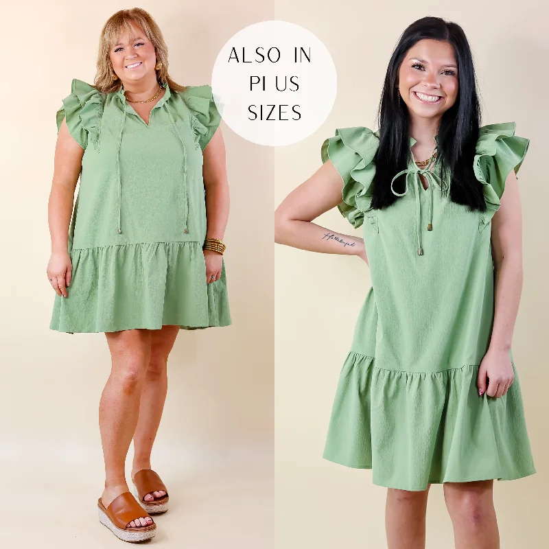 Powerful Love Ruffle Cap Sleeve Dress with Keyhole and Tie Neckline in Sage Green