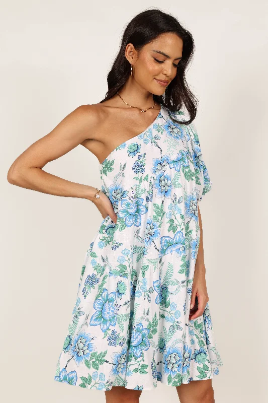 Rosalind One Shoulder Mini Dress - Blue Floral