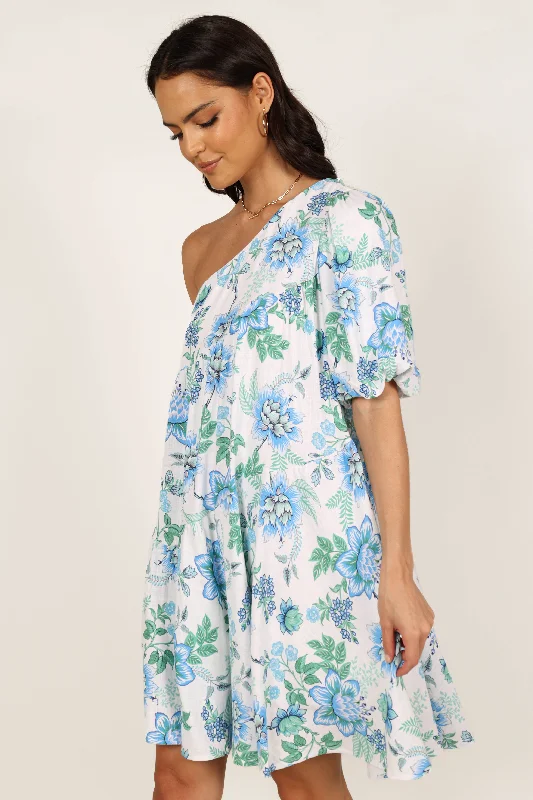 Rosalind One Shoulder Mini Dress - Blue Floral