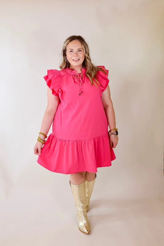 Powerful Love Ruffle Cap Sleeve Dress with Keyhole and Tie Neckline in Hot Pink