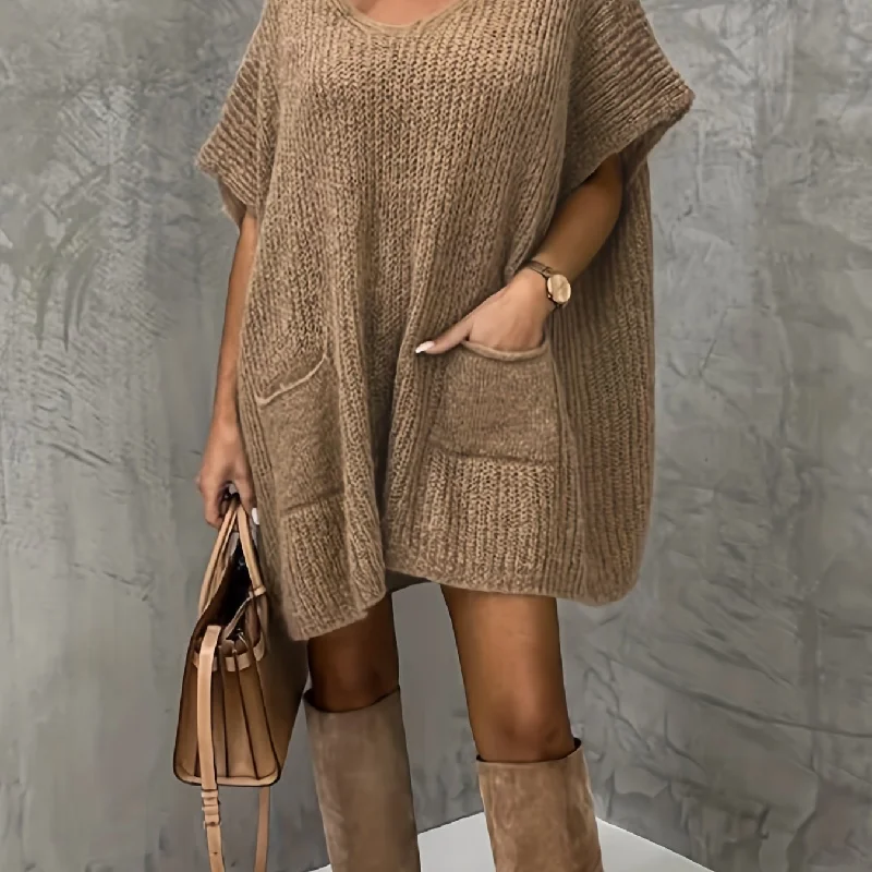 Sixsr Plus Size Casual Sweater Dress, Women's Plus Solid Bat Sleeve V Neck Mini Sweater Dress With Pockets