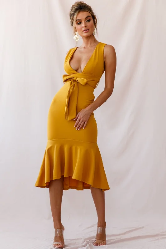 Sorry Not Sorry Wide Strap Flounce Dress Mustard