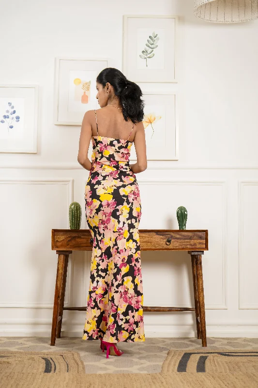 Tempting tales - black floral cowl neck maxi dress