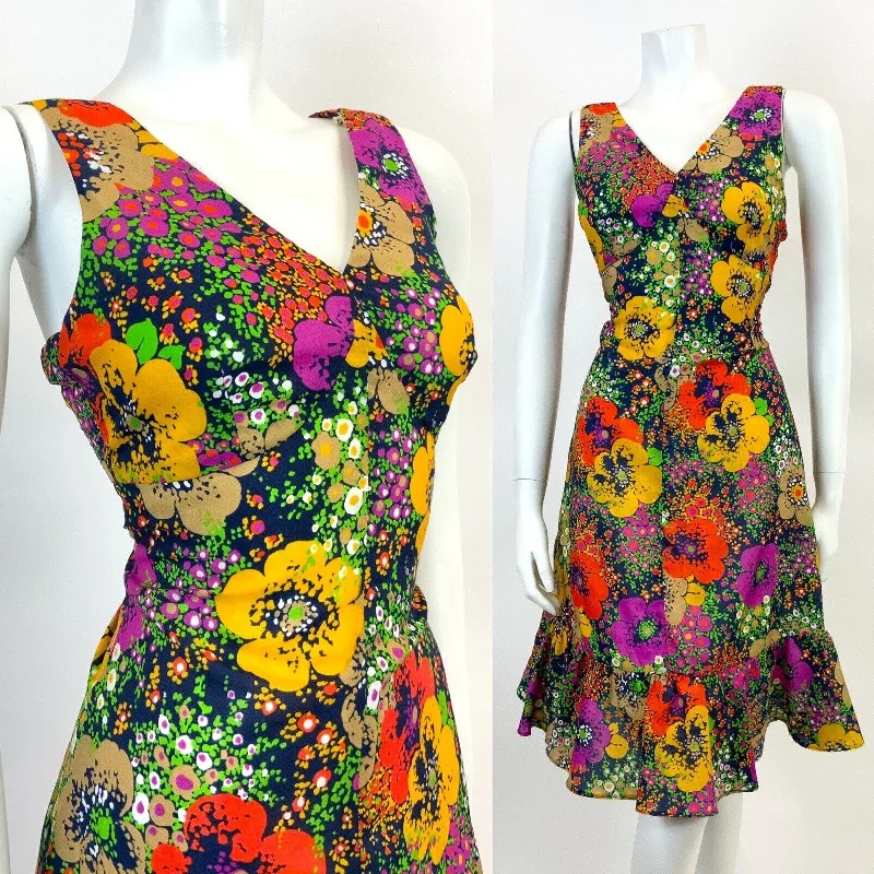 VINTAGE 60s 70s BLUE GREEN YELLOW RED FLORAL PSYCHEDELIC DOTTY SUMMER DRESS 8