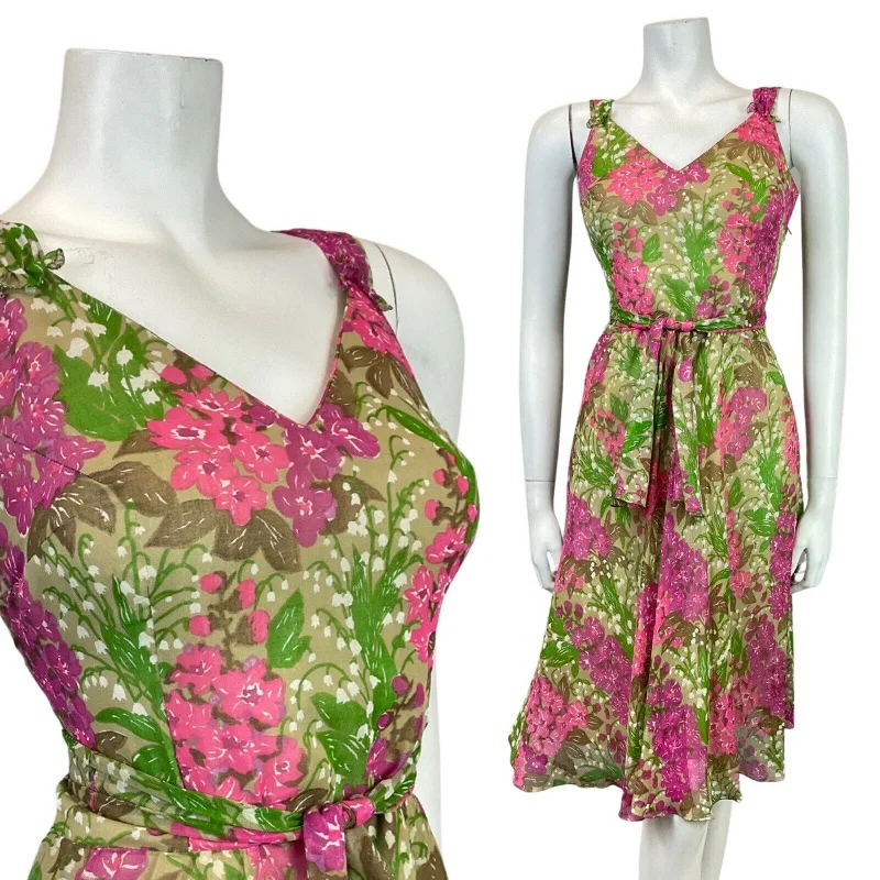 VINTAGE 60s 70s GREEN PINK WHITE FLORAL FLOATY STRAPPY SUMMER SUN DRESS 8 10