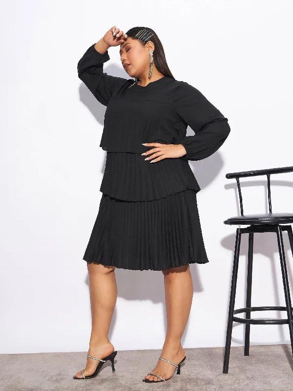 Women Black Pleated Skater Tiered Dress