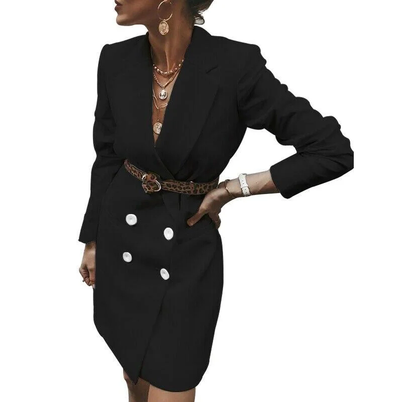 FashionSierra - Women's Long Sleeve V-Neck Double Breasted Blazer Dress Office Ladies Casual Formal Shirt Mini Dresses Tops