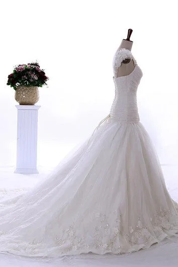 Floor-Length One-Shoulder Sweetheart Sleeveless Dropped Beading Flower Cathedral Train Corset Back Lace Organza Dress