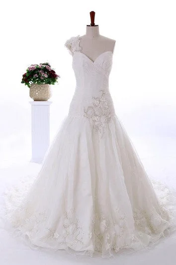 Floor-Length One-Shoulder Sweetheart Sleeveless Dropped Beading Flower Cathedral Train Corset Back Lace Organza Dress