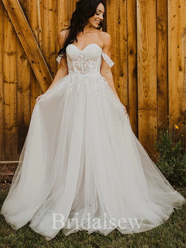 A-line Classic Off the Shoulder Country Fairy Lace Beach Vintage Long Wedding Dresses WD291