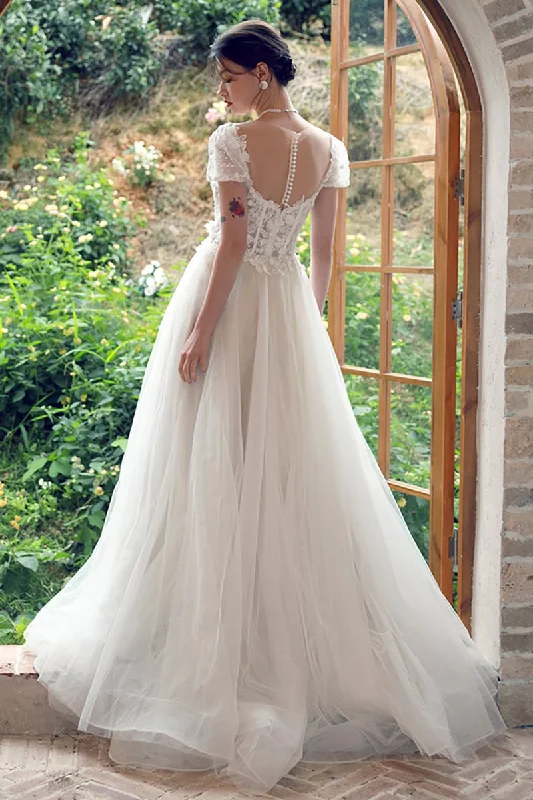 A-Line Sweep-Brush Train Lace Tulle Wedding Dress CW3098