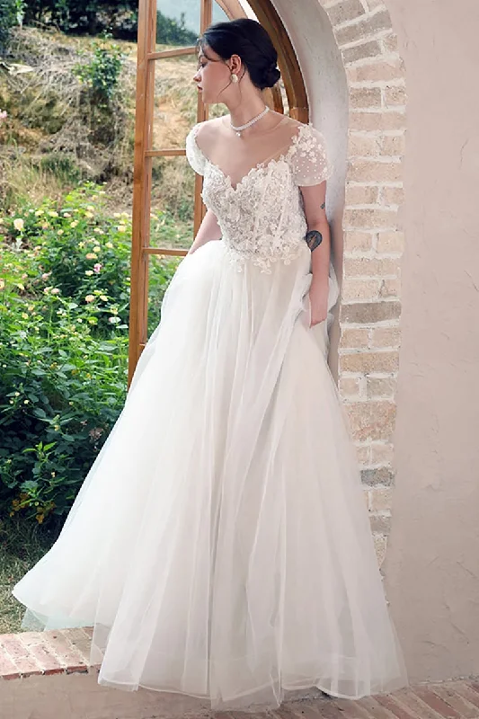 A-Line Sweep-Brush Train Lace Tulle Wedding Dress CW3098