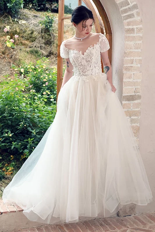 A-Line Sweep-Brush Train Lace Tulle Wedding Dress CW3098