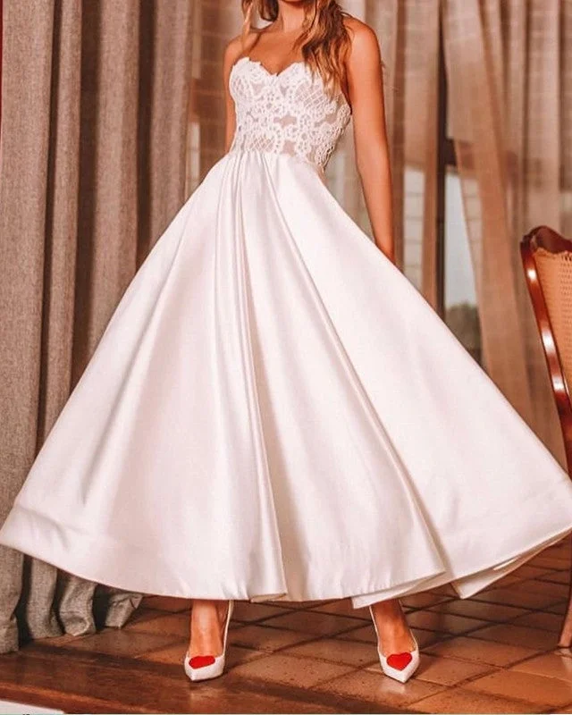 Lace Sweetheart Wedding Dress Satin Ball Gown Ankle Length