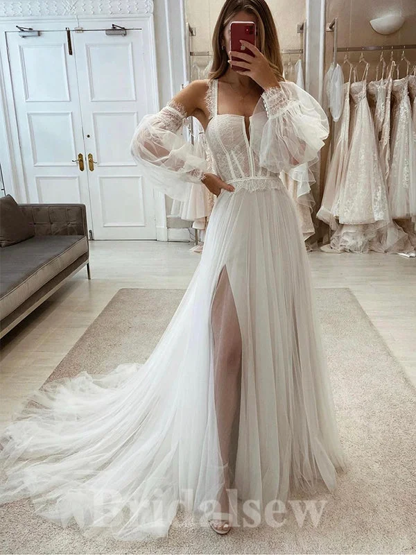 Charming A-line Unique Design Garden Country Beach Vintage Long Wedding Dresses WD346