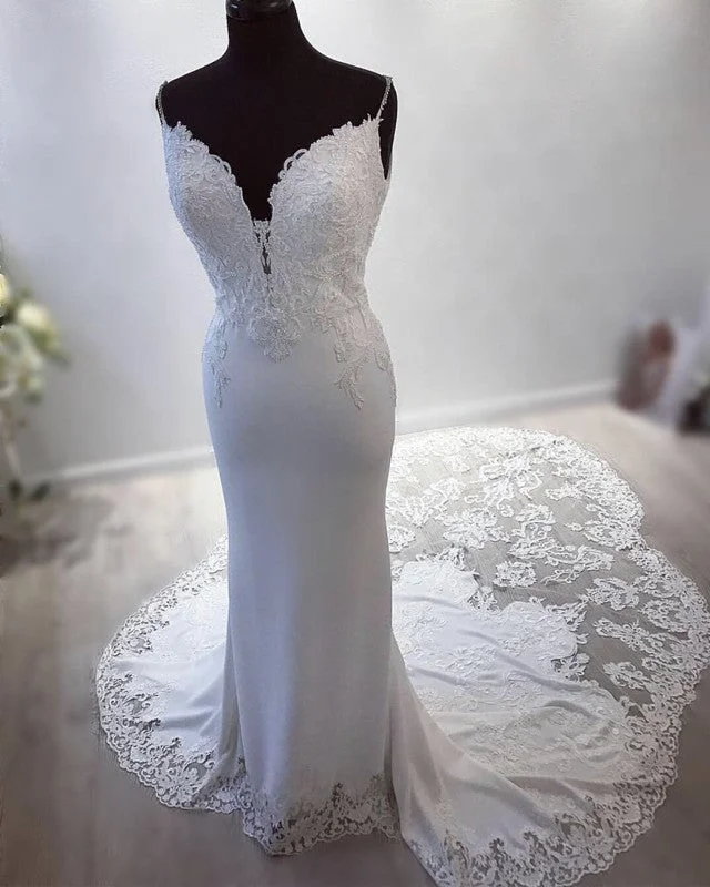 Sexy Plunge Neck Mermaid Wedding Dresses Lace Train