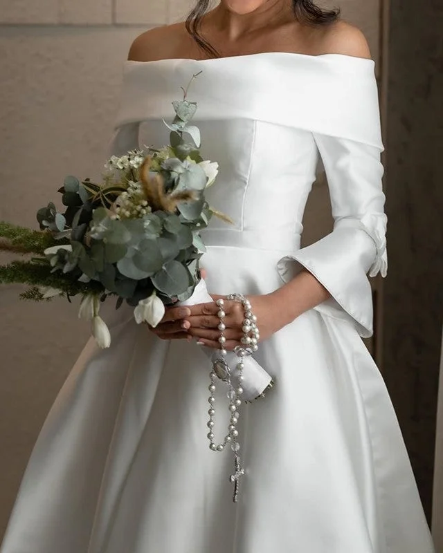 Front Short Long Back Wedding Dress Satin Sleeved Off Shoulder