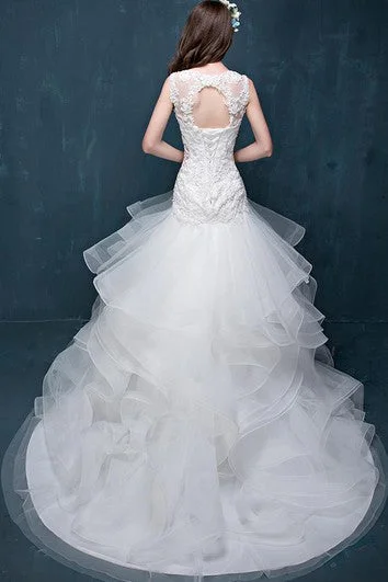 Illusion Neckline Beading Appliques Keyhole Back  Lace and Organza Dress