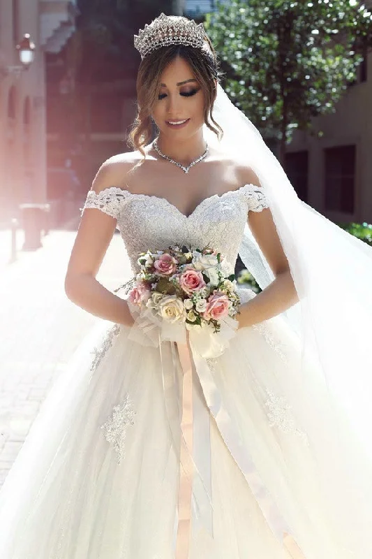 Lace Sweetheart Off Shoulder Tulle Ball Gowns Wedding Dresses