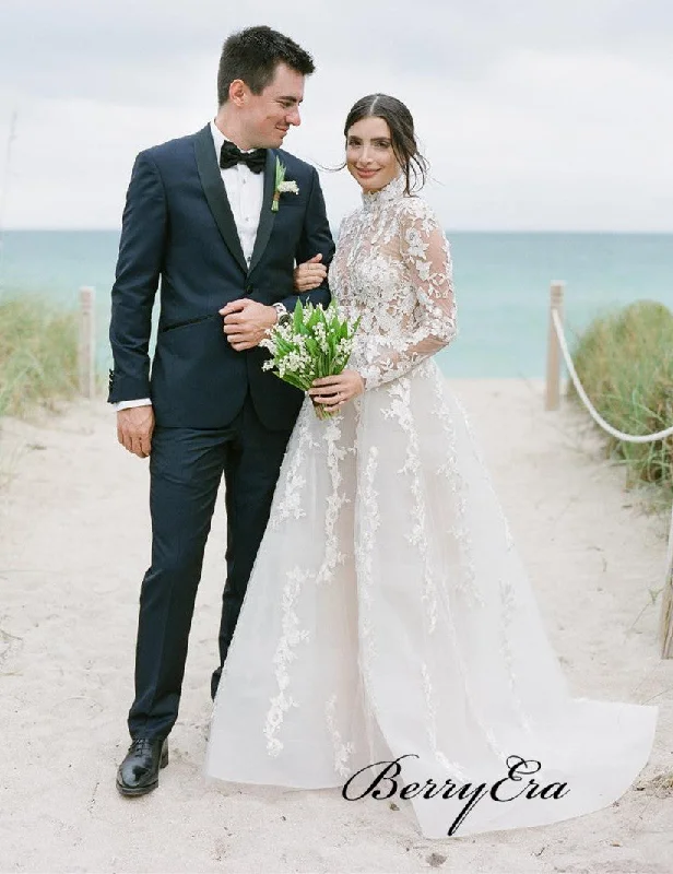 Long Sleeves See Through Wedding Dresses, A-line Lace Elegant Wedding Dresses