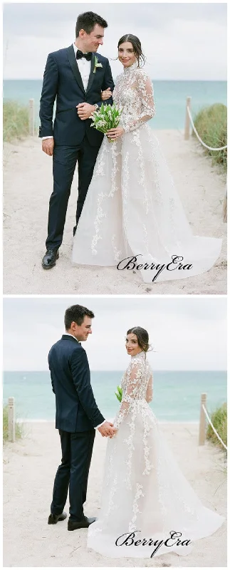 Long Sleeves See Through Wedding Dresses, A-line Lace Elegant Wedding Dresses