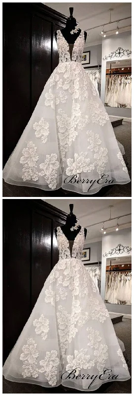 Modest Applique A-line Wedding Dresses, Popular V-neck Bridal Gowns, Wedding Dresses