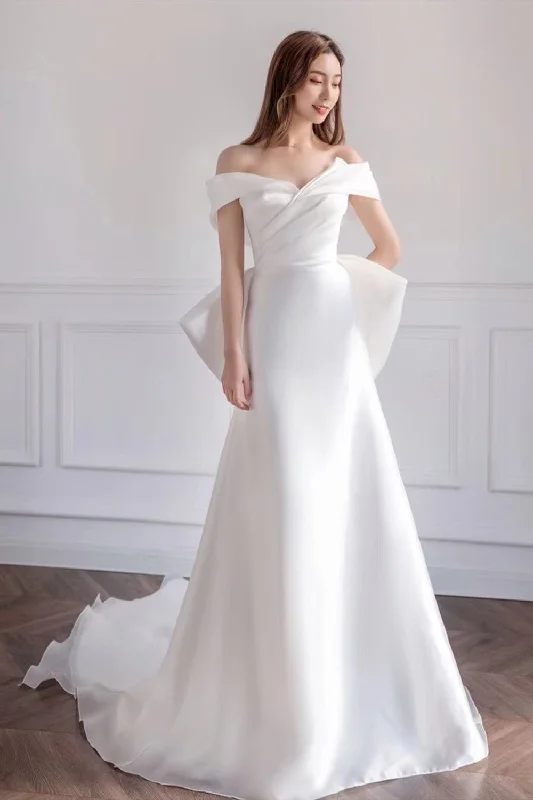 Off Shoulder Satin Popular Wedding Dresses,  A-line Wedding Dresses, Popular Bridal Gowns