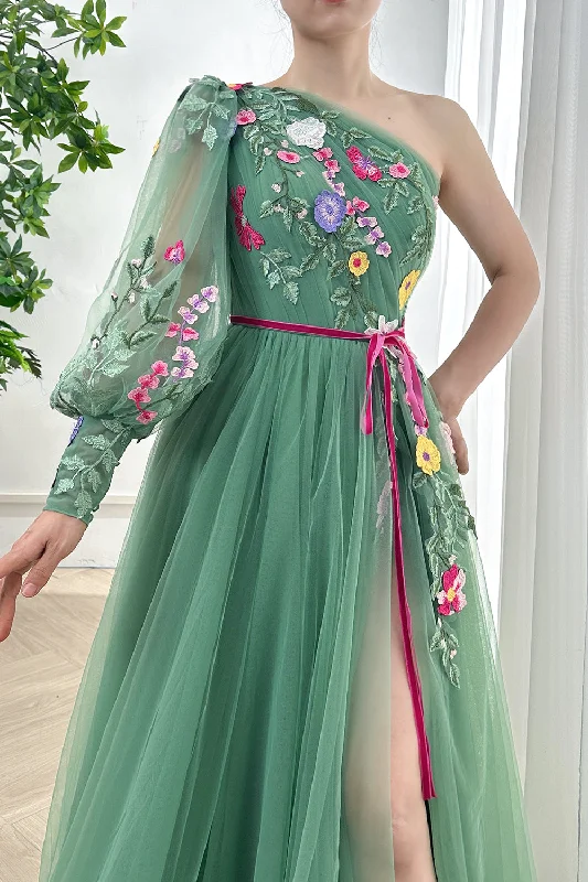 One Shoulder Long Sleeves Floral Embroidery Dress with Slit