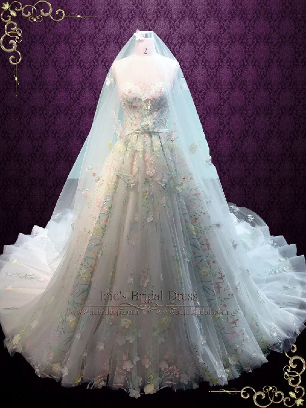 Pastel Colored Embroidered Lace Wedding Dress with Royal Train FLORENCE