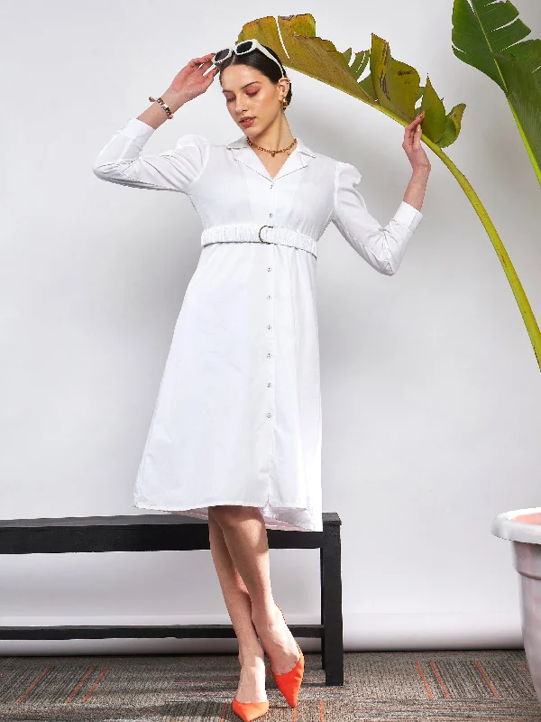 Women White Poplin Ruched Belted Shirt Dress