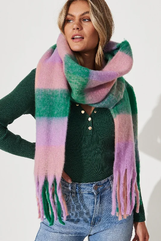 Brooklyn Knit Scarf In Multi Green And Lilac Check