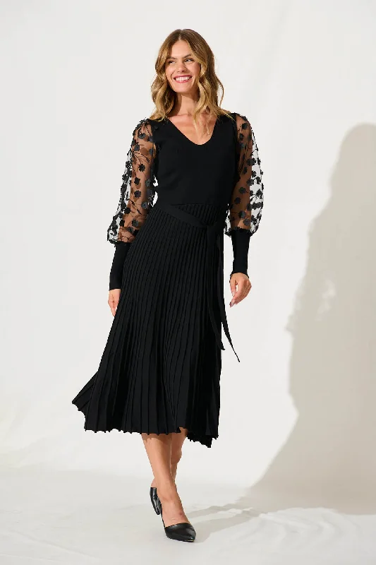 Enchanted Midi Knit Dress In Black With Mesh Flower Detail