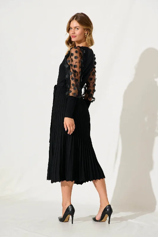 Enchanted Midi Knit Dress In Black With Mesh Flower Detail